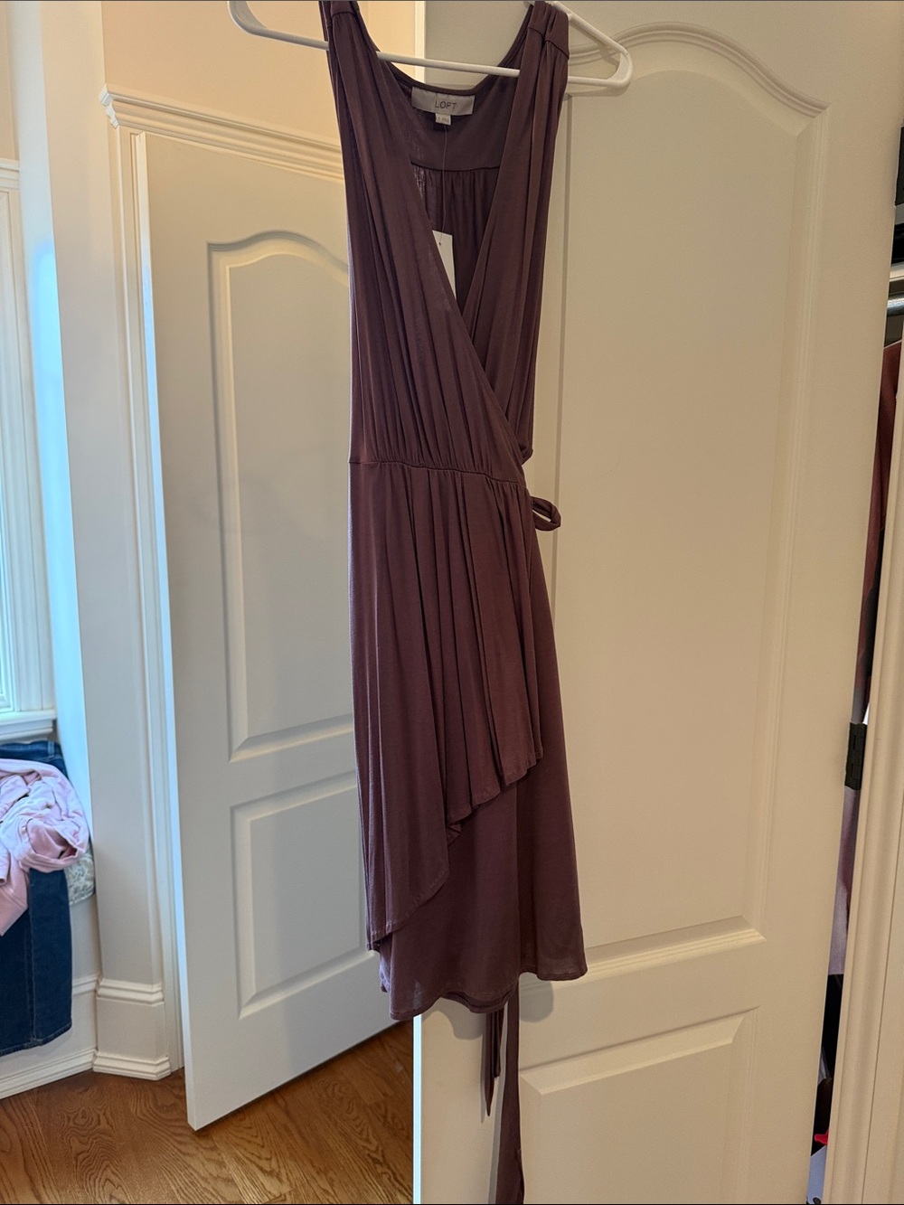 LOFT Plum Sleeveless Faux-Wrap Midi Dress